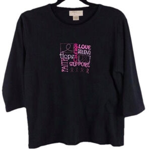 M&C Sportswear Breast Cancer Awareness Black Scoop Neck 3/4 Sleeve Pullover Top